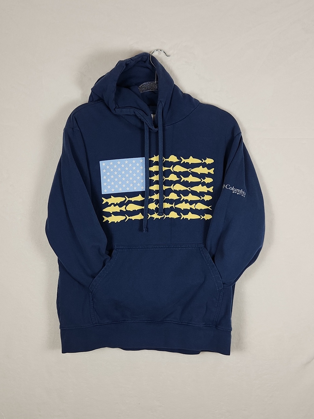 Columbia PFG Hoodie Men's Size M - Navy Blue with Fish Flag Graphic